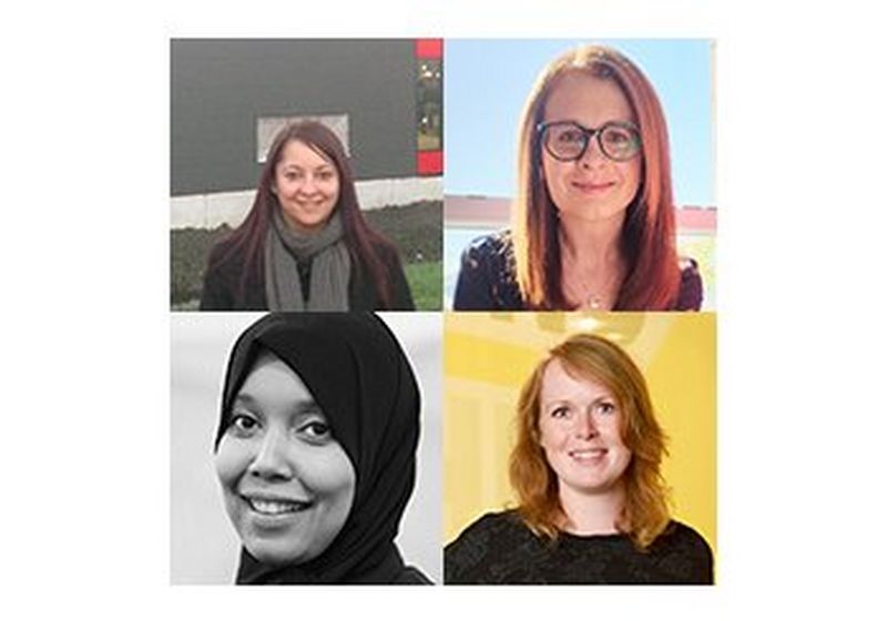 Four photos of women. Top left: A smiling, brown haired woman stands in front of a building, wearing a black coat and grey scarf. Top right: A smiling, red haired woman in glasses, sits in front of a window, through which you can see a bright blue sky. She wears a silver necklace with a pendant. Bottom left: A black and white picture of a smiling woman in a hijab. Bottom right: A smiling, red haired woman in a black top stands in front of a bright yellow background.