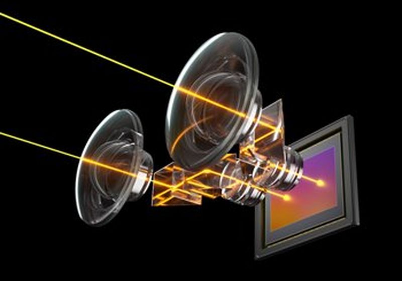 A diagram of the operation of the Canon RF 5.2mm F2.8L DUAL FISHEYE lens. On a black background, it is an oblong with a purple and orange centre, behind two lamp-like lenses. From the oblong and through the lenses shoot two parallel neon orange lines. 