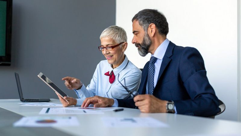 Two office professionals sitting in a meeting room looking at an iPad – Canon UK