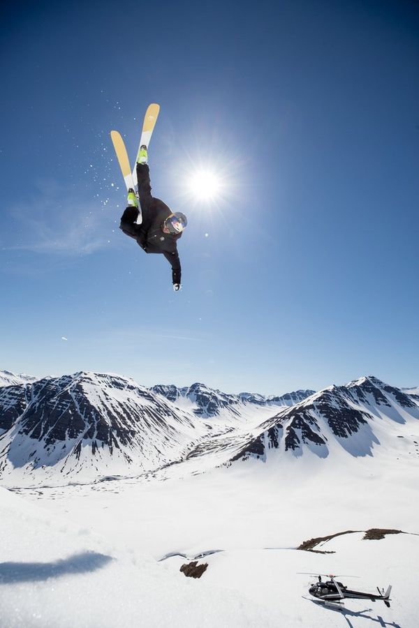 Skier Bene Mayr somersaulting in mid-air, photographed by Richard Walch. Taken on a Canon EOS-1D X Mark II.
