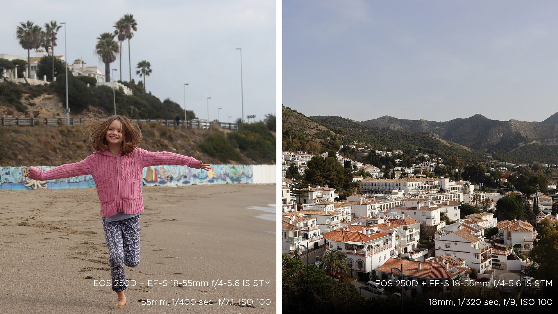 A composite picture: a girl runs towards us on a sandy beach in one; a view of a mountaintop village in the other. Photos taken on a Canon EOS 250D.
