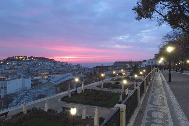 A view over a hilly city at sunset, with a straight path at the right, garden beds in the centre and a distant hill covered in buildings at the left.