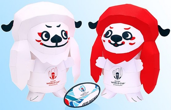 Two lion-like Rugby World Cup 2019 mascots made out of paper.