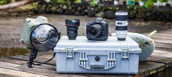 Ben Thouard’s kitbag with a Canon EOS-1D X Mark III, lenses and an underwater housing.