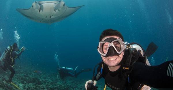 Fergus Kennedy is underwater in goggles and diving gear, though he has removed his breathing mask to smile for the camera. Behind him is a manta ray and two other divers.