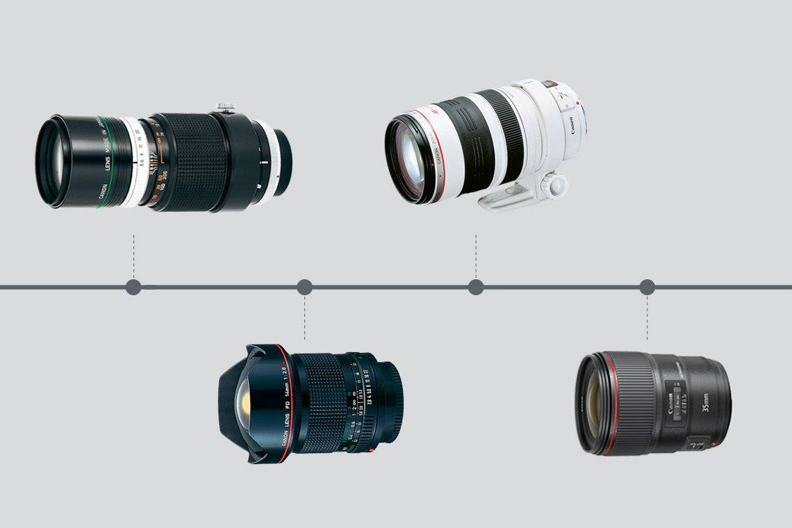 A close-up selection of Canon lenses