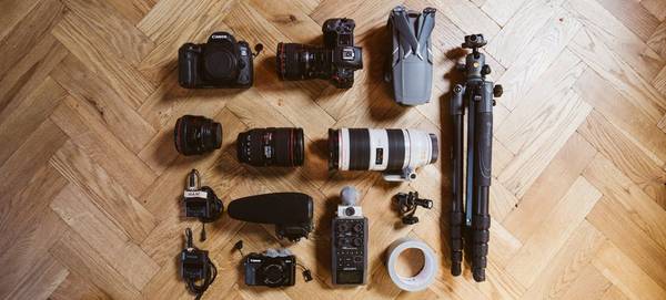 Canon cameras and lenses including a Canon EOS 5D Mark IV, Canon EOS R, and Canon PowerShot G7 X Mark II.