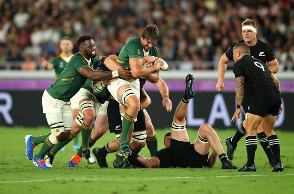 In the Rugby World Cup 2019™ Aouth Africa v New Zealand match, players grapple for possession of the ball. Taken by sports photographer Warren Little on a Canon EOS-1D X Mark II.