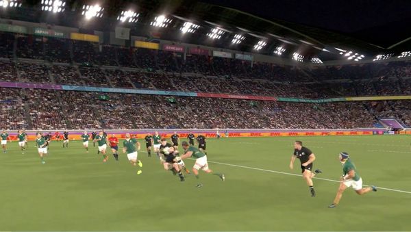 A frame from a Canon Free Viewpoint Video System video of the Rugby World Cup 2019 New Zealand v South Africa match.
