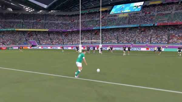 In a frame from the Canon Free Viewpoint Video System clip of the Ireland v Scotland match at Rugby World Cup 2019, an Irish player takes a penalty kick. 