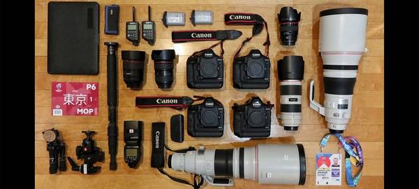 Cameron Spencer's photography kit laid out on a table.