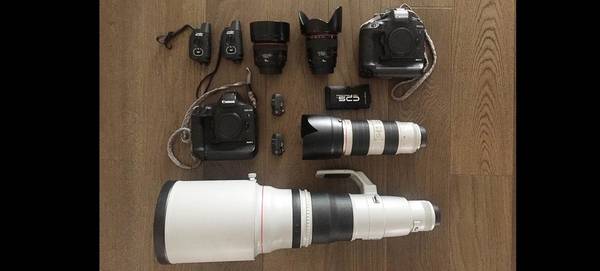 The contents of Alessandro Trovati's kitbag, including two Canon EOS-1D X Mark II bodies, Canon lenses and accessories.