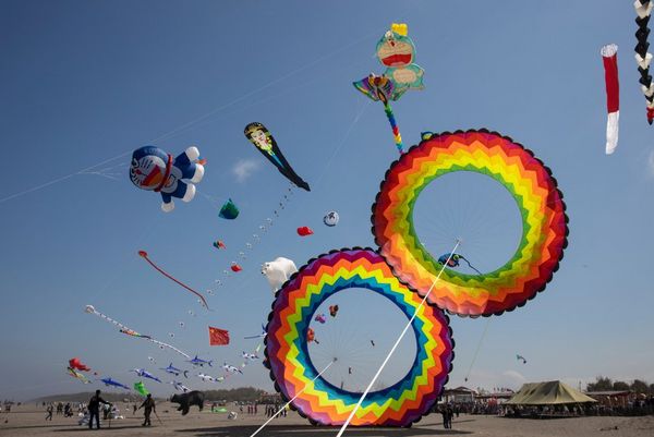 Colourful kites of different shapes fill the sky.