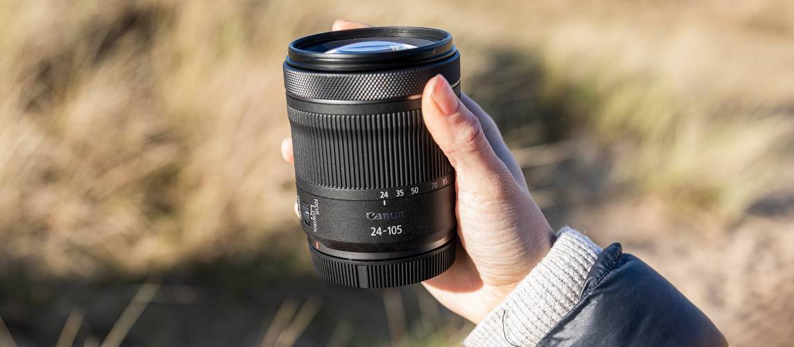Shot of the RF 24-105mm F4-7.1 IS STM being held in hand