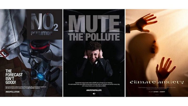 Three posters, side by side. The first says ‘NO2 POLLUTION, THE FORECAST ISN’T GOOD’ alongside a picture of the kind of protective clothing you might need to negotiate a polluted world. The second shows a child with their hands covering their ears and a pained expression with the headline ‘MUTE THE POLLUTE’. The last shows a shadowy face and hands obscured by and pressing against what appears to be opaque thin plastic, The headline simply reads ‘climate anxiety’.