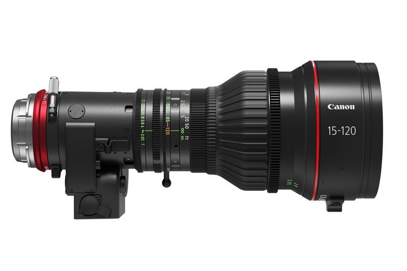 A side profile of the Canon CN8X15 IAS S E1/P1 Cine Servo lens.