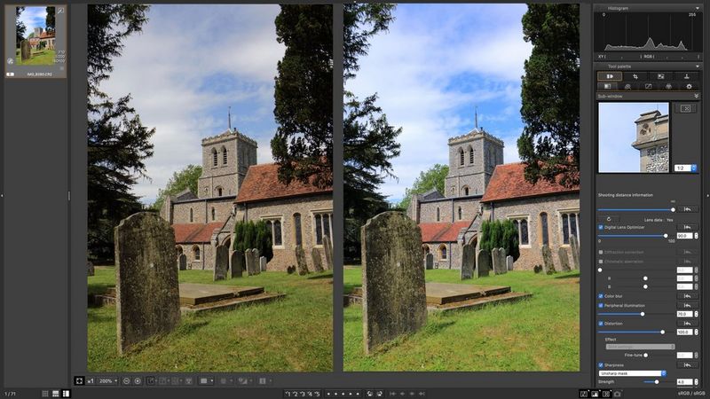 A before-and-after view of a photo of a church and gravestones being processed in the Digital Lens Optimizer in Canon's DPP software.