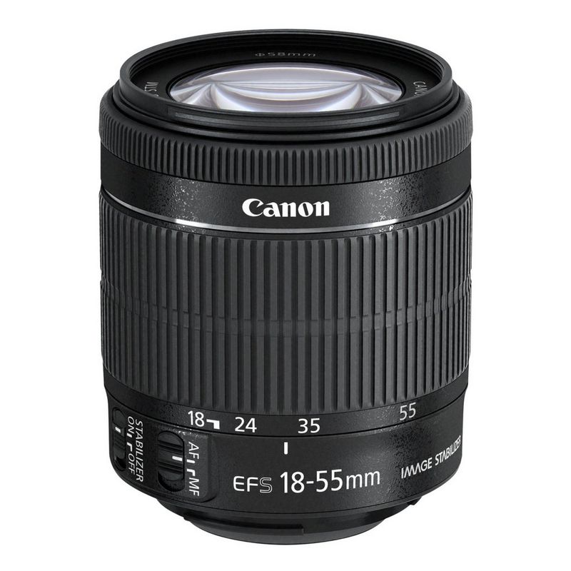 A Canon EF-S 18-55mm f/3.5-5.6 IS STM lens.