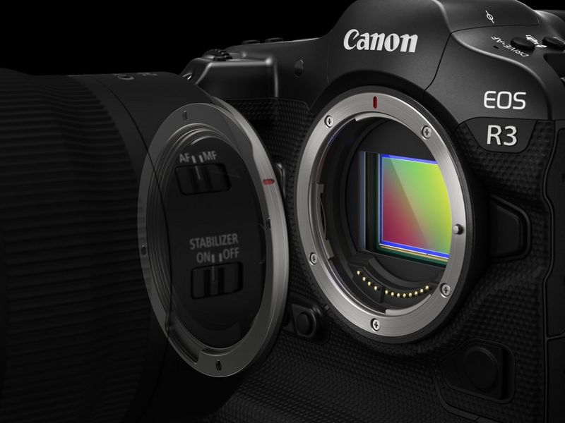 A Canon EOS R3 camera showing the RF mount.