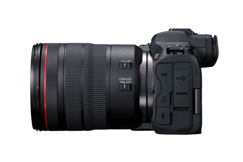 The Canon EOS R5 seen from behind, showing the flaps at the user's left-hand side, beneath which are a range of connection options.