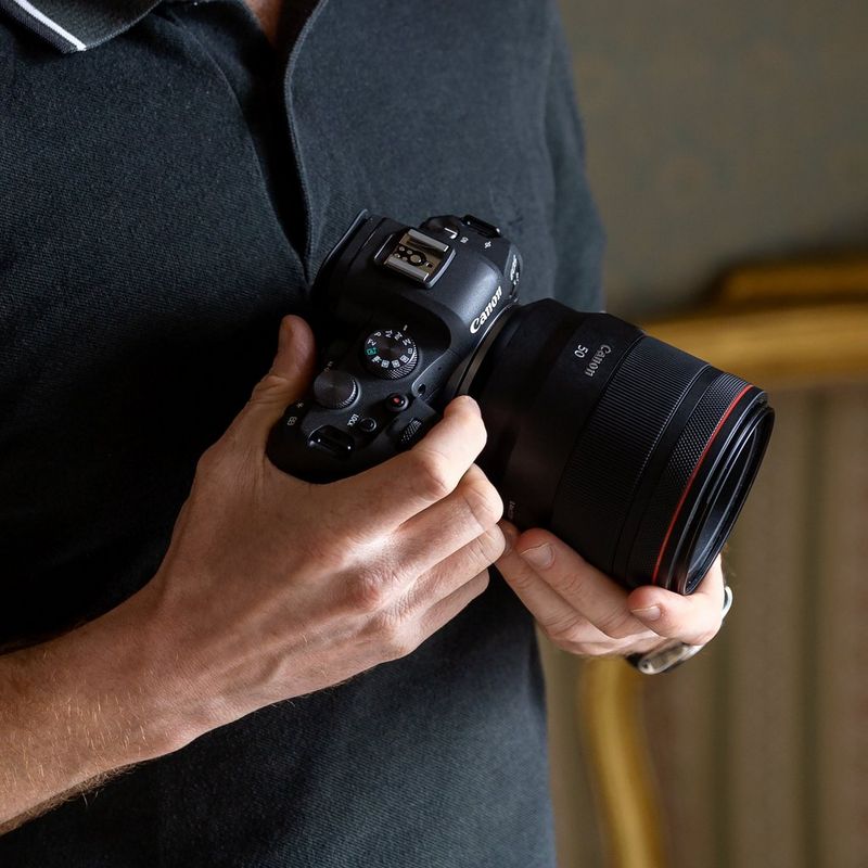 Canon EOS R6 with lens held in hands