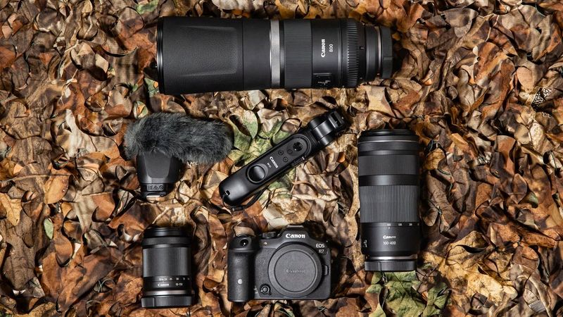 A Canon EOS R7, tripod grip and various Canon lenses lying on a carpet of leaves on the ground.