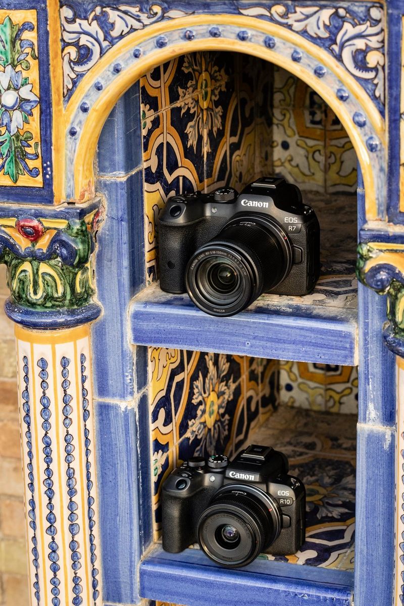The EOS R7 and EOS R10 sitting on separate ceramic shelves ornately decorated in blue and yellow.