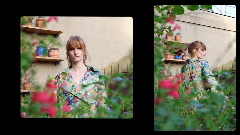 A video still showing two images on a black background of a woman framed by foliage wearing a colourful, flower-patterned tunic.