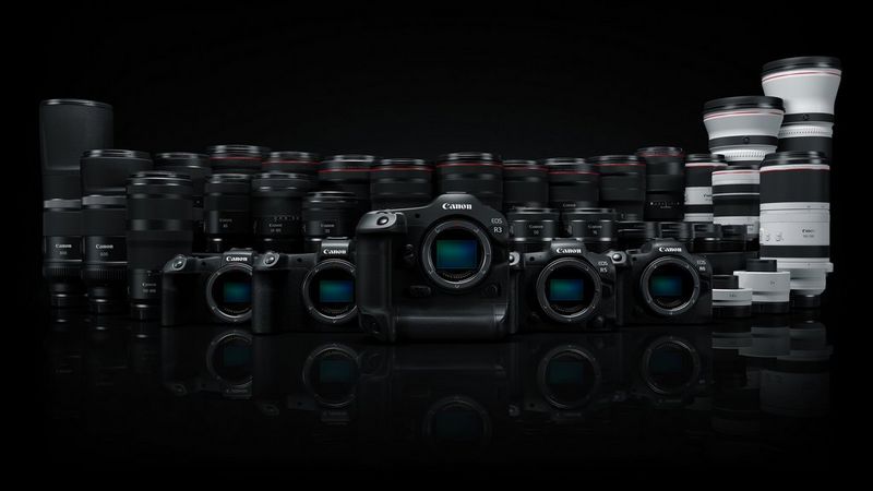 A row of Canon EOS R System cameras displayed in front of a row of RF lenses. 