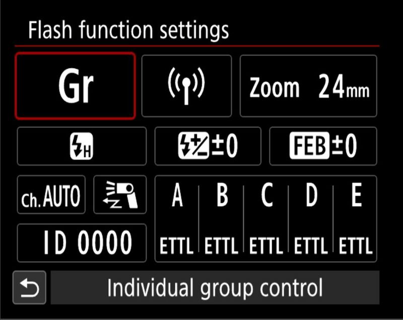 The Flash function settings menu showing the firing mode for each of five groups of external flashes.