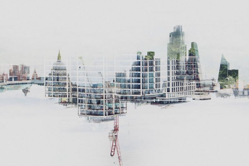 A double exposure of one city skyline mapped onto another, which is upside down.
