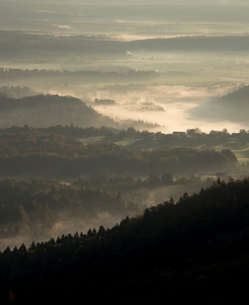 Mist fills the valleys between tree-covered mountains at sunrise.