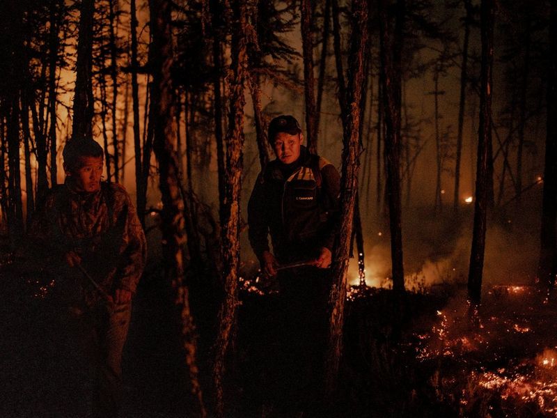 Two men walk through a dark forest, lit only by the burning embers around them.