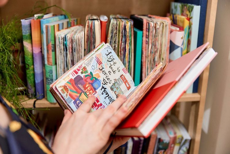 A person holding an open journal crammed with colourful drawings and stickers in front of a packed bookshelf.