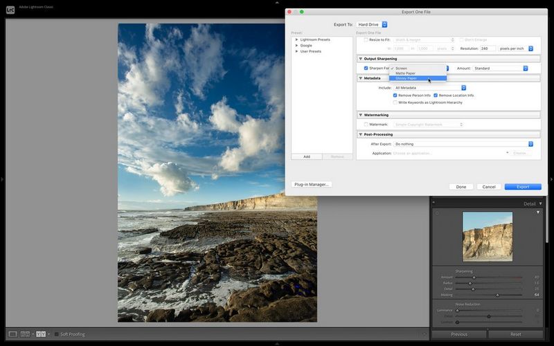A screenshot of Adobe® Lightroom® with an image of coastal cliffs. The Output Sharpening tool is being used to select the paper type.