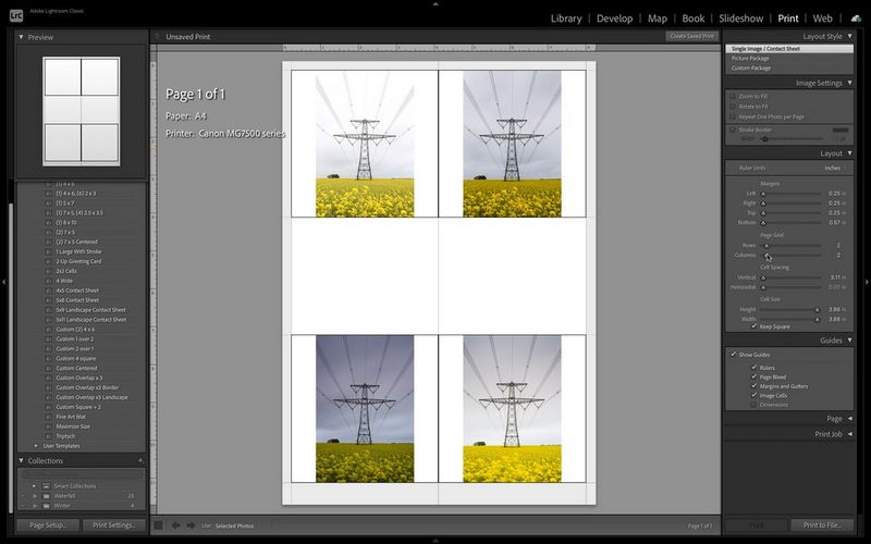 A screenshot of Adobe® Lightroom® depicting multiple variations of an image of a transmission tower in a rapeseed field, each with different colour and contrast settings.