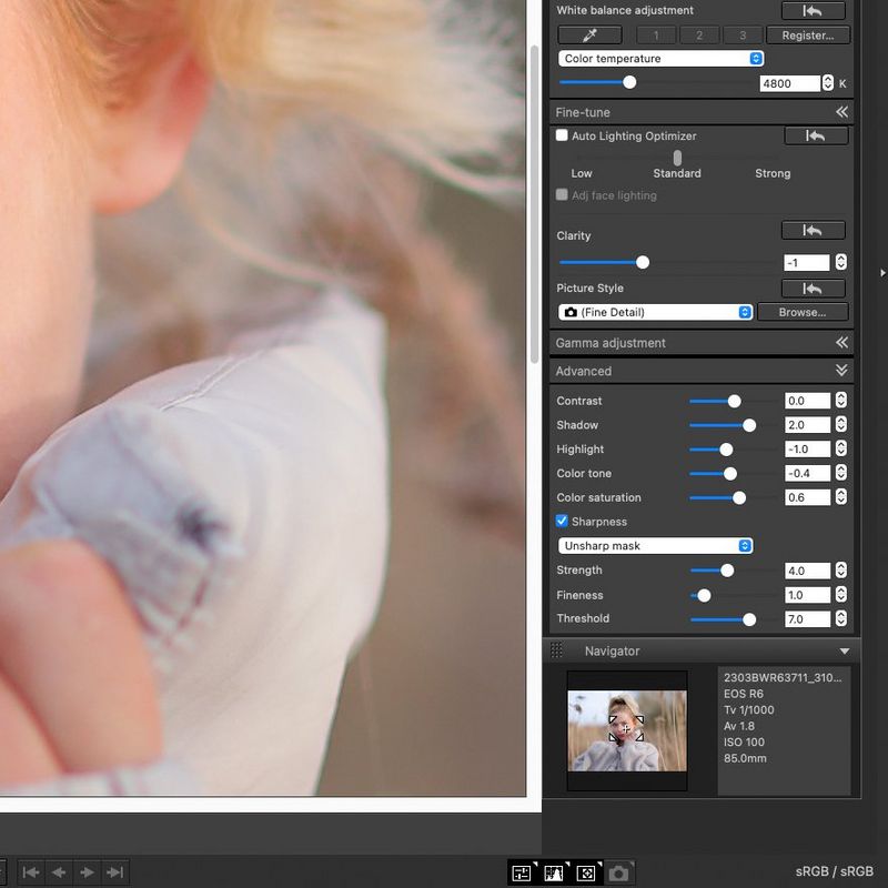A screenshot of Canon DPP software showing the controls in the Advanced tool panel, including Contrast, Color saturation and Sharpness.
