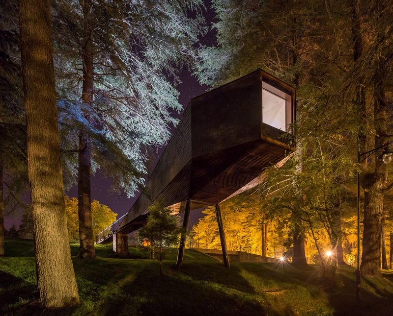 An elongated and elevated wooden building at night. The surrounding trees are illuminated by two bright lights. 