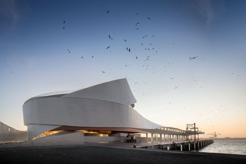 Birds fly over an extravagantly shaped waterfront building at dusk. 