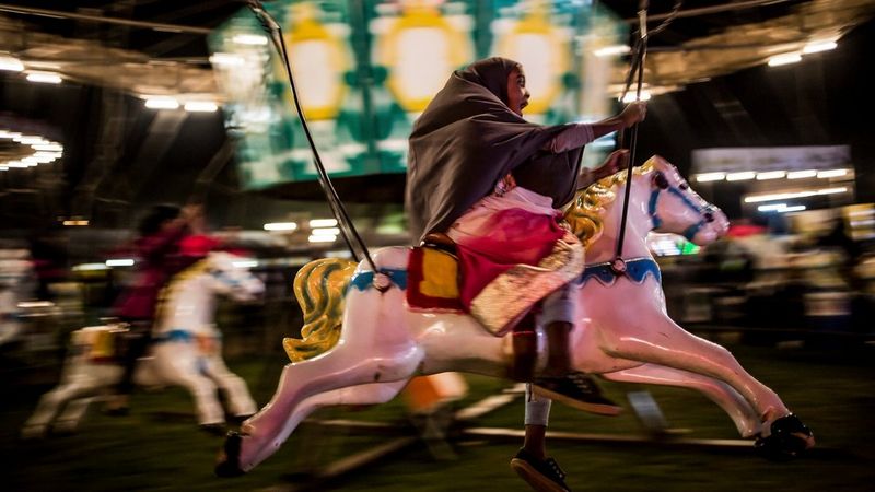 A young Muslim girl shouts with delight as she rides a horse on a carousel at a fete in Johannesburg, South Africa.