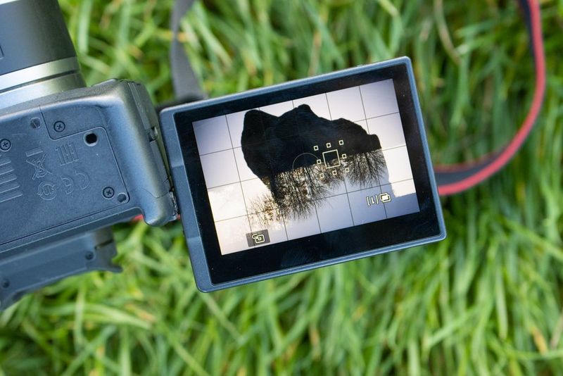 The viewscreen of a Canon EOS R6, folded outwards and showing multiple exposures being combined.