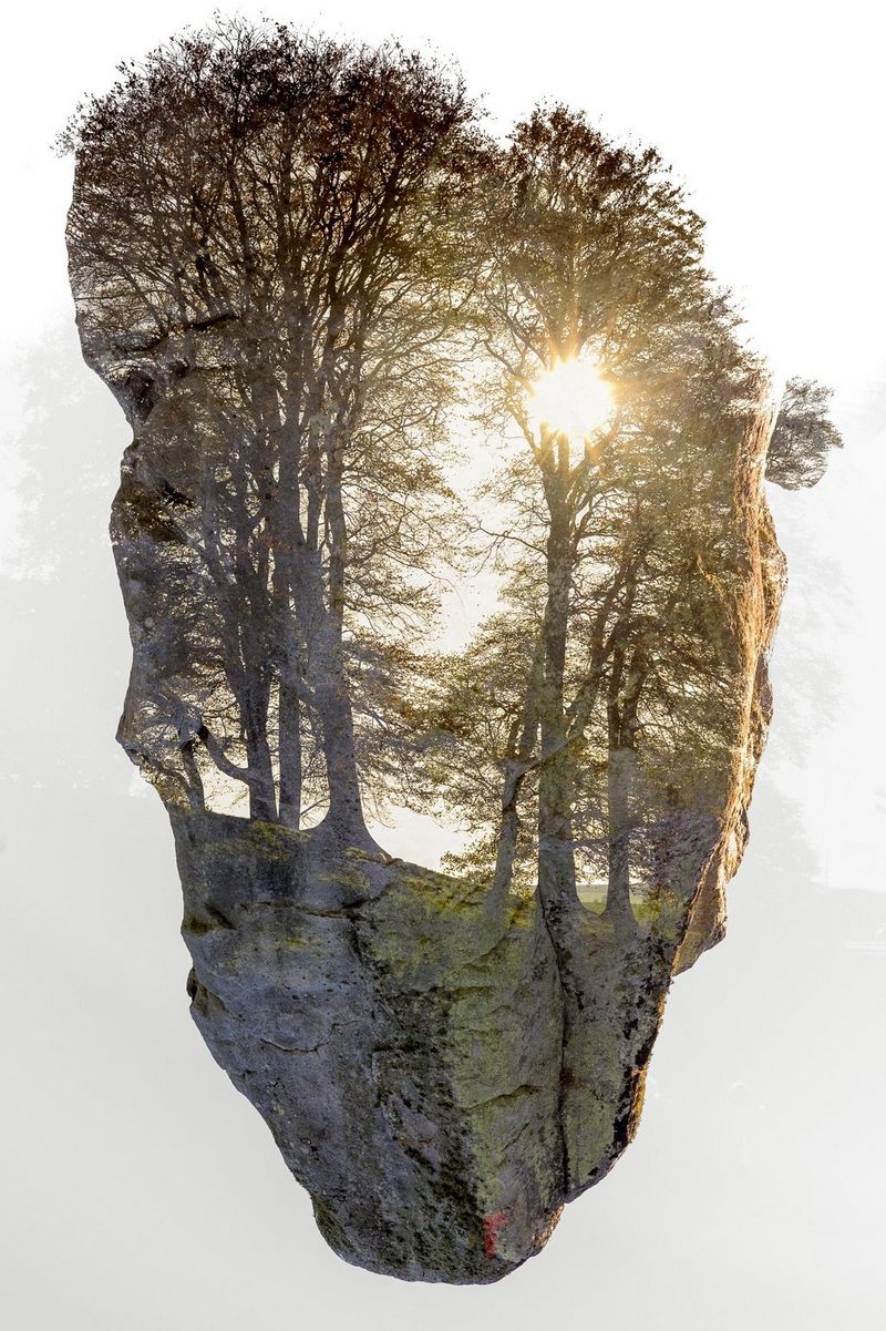 A copse with the sun shining through its branches is shown cut out around the bottom in the shape of the top of a standing stone, created by an in-camera double exposure on a Canon EOS R6.