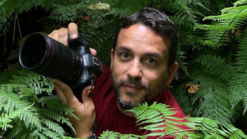 Canon Ambassador Joel Santos crouched among the ferns in a forest with his Canon camera. 