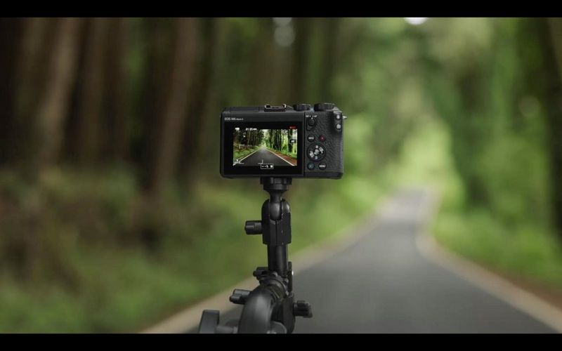 A camera mounted on the front of a car, showing a small road through a forest. 