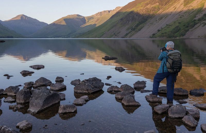 A female photographer stands on rocks in shallow water photographing a lake surrounded by mountains