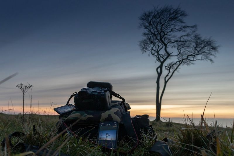 A Canon camera pointing at a lone tree alongside a smartphone displaying the Canon Camera Connect app. 