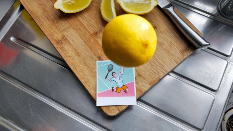 A lemon hovers in the air above an illustrated print of a tennis player about to serve. The effect makes it look as if the player is about to hit the lemon.