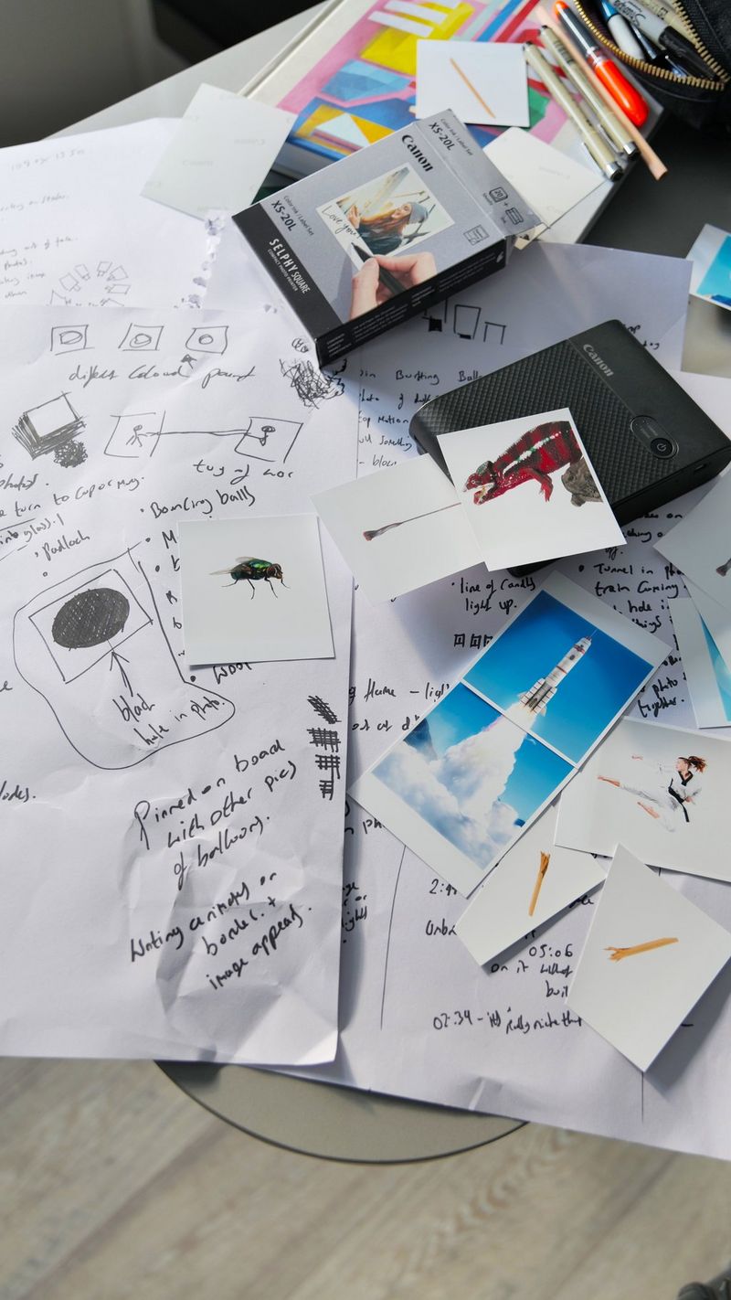 A Canon SELPHY Square QX10 printer surrounded by prints and scribbled concept art.