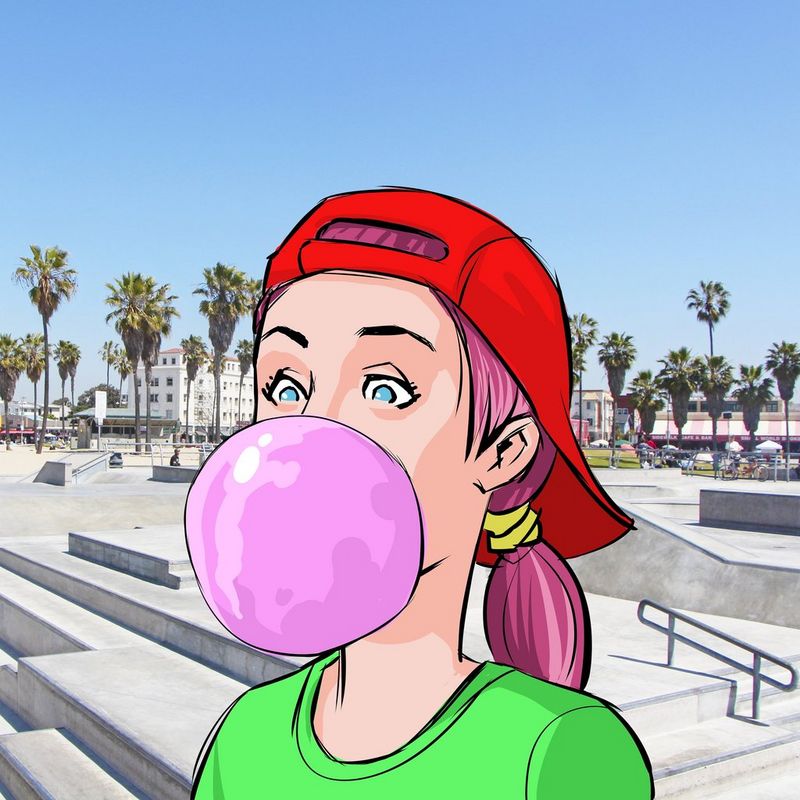 A colourful illustration of a young girl wearing a red baseball cap and blowing a large pink bubble with bubblegum.
