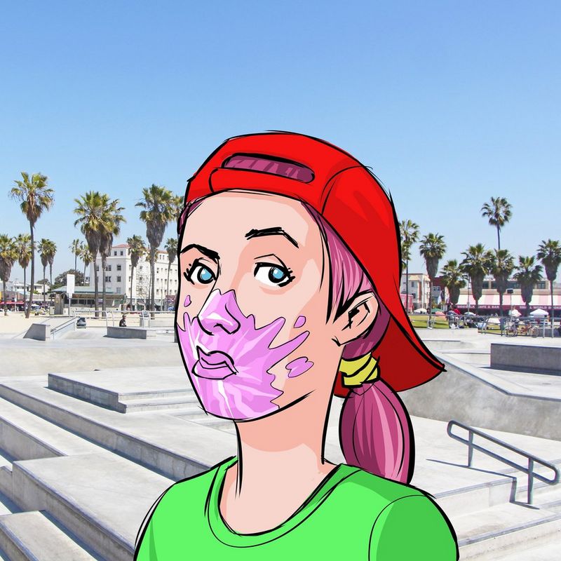 A colourful illustration of a young girl in a red baseball cap with splattered pink bubblegum all over her face.